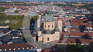 Best aerial top view flight Summer City Munich Theatiner Church old town drone