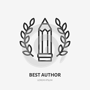 Best author achievement flat line icon. Pen with wreath vector illustration. Thin sign for literary, grammar contest