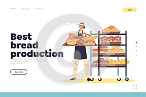Best bread production landing page with bakery shop seller holding tray of fresh bread