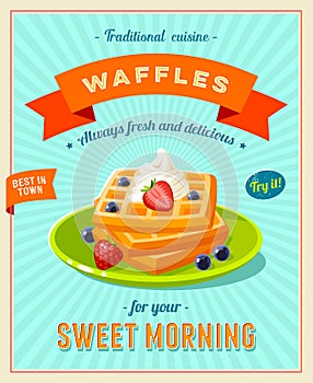 Best breakfast - vintage restaurant sign. Retro styled poster with pile of waffles