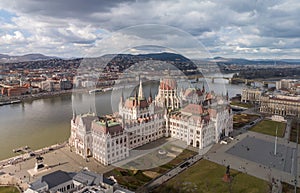 The Best of Budapest Aerial View of Hungarian Parliament Building and Danube River in Cityscape from a Drone Point of View