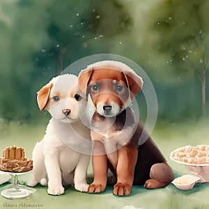 Best Buddies - Lovable Watercolor Pair of Puppies