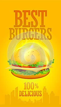 Best burgers menu cover or banner design vector template with hot fiery burger