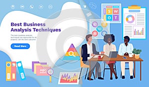 Best business analysis techniques website template. People work with statistics and data analytics