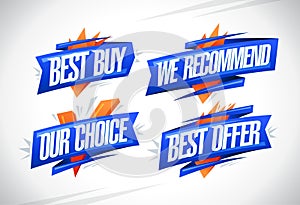 Best buy, we recommended, our choice, best offer vector symbols
