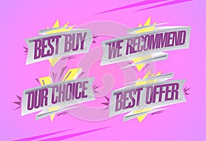 Best buy, we recommended, our choice - sale vector symbols or signs mockup set