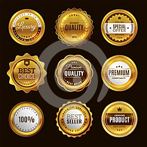 Best certification golden sign. Gold design premium award emblem medals and round labels stamp vector elegant set photo