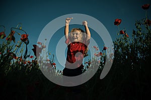 The best childrens emotions. A child in a poppy field. Spring and nature walk.