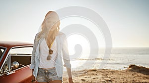 The best chill out spot ever. a beautiful young woman going on a road trip to the beach.