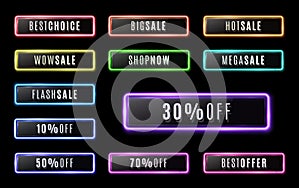 Big sale, Shop now, Flash sale. Neon buttons set.