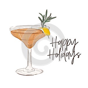 Best cosmopolitan cocktail. Vector food sketch. Bar drinks poster. Beverage ginger alcohol drink in glass. Weekend mood martini re
