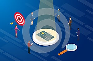 Best credit card analysis with finance team analyze between pros and cons with isometric modern flat style - vector