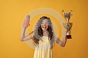 best curl. girl has wavy hairdo. portrait of frizz child. haircare and skincare. hairdresser.