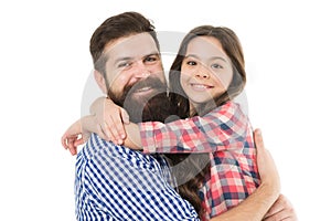 Best dad ever. Father and daughter hug white background. Child and dad best friends. Friendly relations. Parenthood and