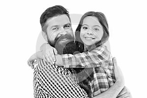 Best dad ever. Father and daughter hug white background. Child and dad best friends. Friendly relations. Parenthood and