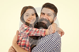 Best dad ever. Father and daughter hug white background. Child and dad best friends. Friendly relations. Parenthood and