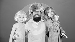 Best dad ever. Father hug daughters. Just for fun. Party time. How crazy is your father. Man bearded father and kids