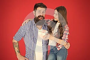 For best dad ever. Man bearded father and cute little girl daughter on red background. Celebrate fathers day. Family
