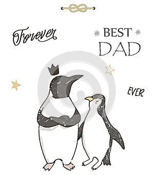 Best Dad, Happy Fathers Day, white background. Greeting card template. Pinguin clip art. Geometric giftcard. Best father. Dreamer