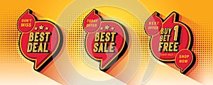 Best Deal, Best Sale, Buy 1 get 1 free tag and discount label sign, Abstract Red Speech Bubble offer Sale Discount labels design