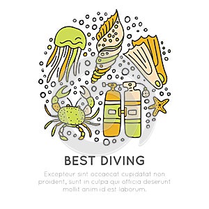 Best diving hand draw icon concept. Diving equipment and sealife in one round form, diving and water adventure icons