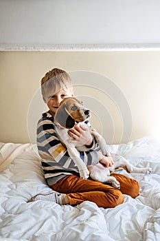 Best Dog Breeds for Kids, Good Family Dogs. Introducing Puppies and Children. Cute little Beagle puppy and kid boy