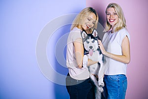 The best dog ever. Pretty women hold pedigree dog. women with dog pet. Happy girls with sensual look. Husky dog