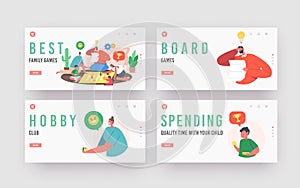 Best Family Boardgames Landing Page Template Set. Happy Characters Fun Sparetime, Kids and Parents Playing Board Games