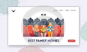 Best Family Movies Landing Page Template. Young Mother, Daughter and Son Enjoying Film at Movie Theatre. Happy Family