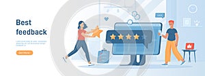 Best feedback, five star rating. Customer client positive review. User satisfaction, recommendations.