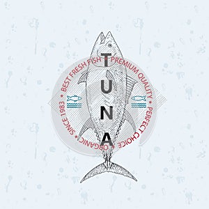 Best fresh fish tuna. Vector illustration emblem or logo template.
