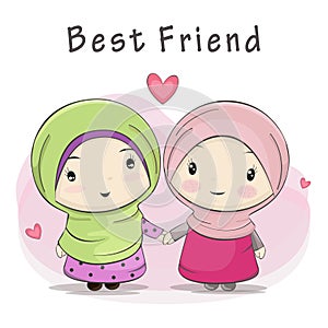 Best Friend of Two Cute Muslim Girls Cartoon