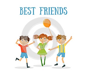 Best Friends Banner, Two Happy Boys and Girl Having Fun Vector Illustration