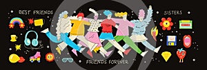 Best friends cocept illustration. Vector illustration of multicultural girls and multicultural friendship. Happy