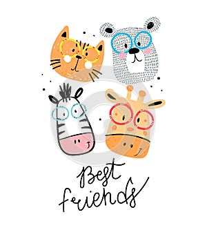 Best friends. cute cartoon animals, hand drawing lettering. flat style, colorful vector illustration for kids.