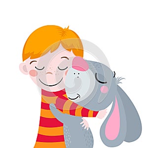Best friends. Cute cartoons boy and rabbit. Suitable for Easter design. photo