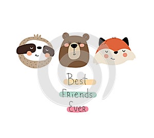 Best friends ever. cute cartoon sloth, bear, fox, hand drawing lettering. flat style, colorful vector illustration for kids.