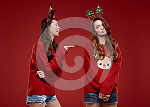 Best friends in fashion cozy winter sweater with Christmas attributes