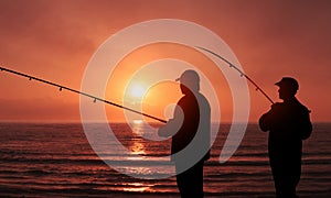 Best Friends Fishing Together At sunrise On the Cost