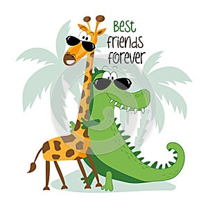 Best friends forever - cool giraffe and alligator in island