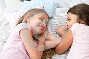 Best friends forever. Girls relaxing on bed. Slumber party concept. Girls just want to have fun. Invite friend for