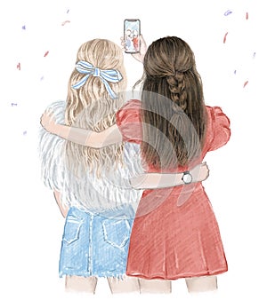 Best friends forever. Two girls having fun, making selfie. Hand drawn illustration, vector traced photo