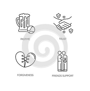 Best friends pixel perfect linear icons set. Customizable thin line contour symbols. Pastime, trust, forgiveness and