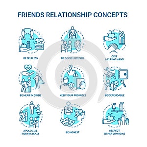 Best friends relationship concept icons set. Friendship advices. Dependable, honest and selfless idea thin line RGB