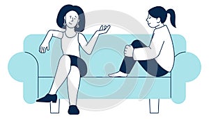 Best friends talking on couch. Women spend time together