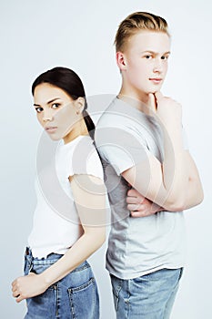 Best friends teenage asian girl and boy together having fun, posing emotional on white background, couple happy smiling