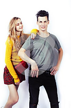 Best friends teenage couple girl and boy together having fun, posing emotional on white background, couple happy smiling