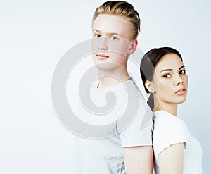 Best friends teenage girl and boy together having fun, posing emotional on white background, couple happy smiling