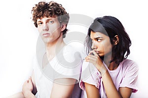 Best friends teenage girl and boy together having fun, posing emotional on white background, couple happy smiling