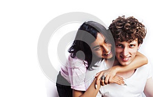 Best friends teenage girl and boy together having fun, posing emotional on white background, couple happy smiling